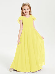 Delicate Chiffon Junior Bridesmaid Gown Flutter Sleeves V-neck Lemon