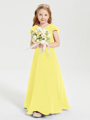 Delicate Chiffon Junior Bridesmaid Gown Flutter Sleeves V-neck Lemon