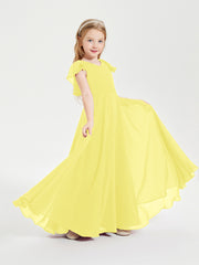 Delicate Chiffon Junior Bridesmaid Gown Flutter Sleeves V-neck Lemon