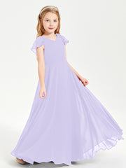 Delicate Chiffon Junior Bridesmaid Gown Flutter Sleeves V-neck Lilac