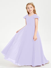 Delicate Chiffon Junior Bridesmaid Gown Flutter Sleeves V-neck Lilac