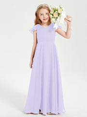 Delicate Chiffon Junior Bridesmaid Gown Flutter Sleeves V-neck Lilac