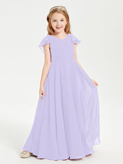 Delicate Chiffon Junior Bridesmaid Gown Flutter Sleeves V-neck Lilac