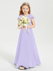 Delicate Chiffon Junior Bridesmaid Gown Flutter Sleeves V-neck Lilac