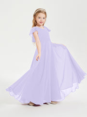 Delicate Chiffon Junior Bridesmaid Gown Flutter Sleeves V-neck Lilac