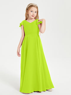 Delicate Chiffon Junior Bridesmaid Gown Flutter Sleeves V-neck Lime Green