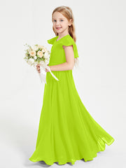 Delicate Chiffon Junior Bridesmaid Gown Flutter Sleeves V-neck Lime Green