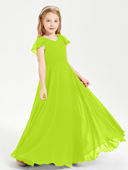 Delicate Chiffon Junior Bridesmaid Gown Flutter Sleeves V-neck Lime Green