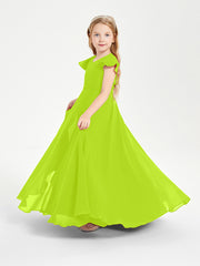 Delicate Chiffon Junior Bridesmaid Gown Flutter Sleeves V-neck Lime Green