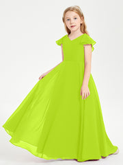 Delicate Chiffon Junior Bridesmaid Gown Flutter Sleeves V-neck Lime Green