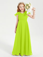 Delicate Chiffon Junior Bridesmaid Gown Flutter Sleeves V-neck Lime Green