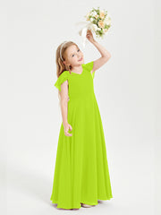 Delicate Chiffon Junior Bridesmaid Gown Flutter Sleeves V-neck Lime Green