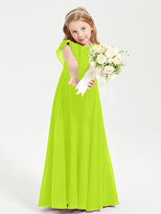 Delicate Chiffon Junior Bridesmaid Gown Flutter Sleeves V-neck Lime Green