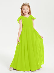 Delicate Chiffon Junior Bridesmaid Gown Flutter Sleeves V-neck Lime Green