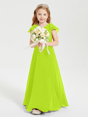 Delicate Chiffon Junior Bridesmaid Gown Flutter Sleeves V-neck Lime Green