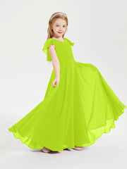 Delicate Chiffon Junior Bridesmaid Gown Flutter Sleeves V-neck Lime Green