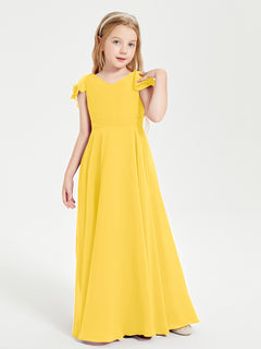 Delicate Chiffon Junior Bridesmaid Gown Flutter Sleeves V-neck Marigold