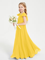 Delicate Chiffon Junior Bridesmaid Gown Flutter Sleeves V-neck Marigold