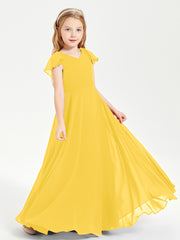 Delicate Chiffon Junior Bridesmaid Gown Flutter Sleeves V-neck Marigold