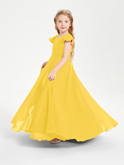 Delicate Chiffon Junior Bridesmaid Gown Flutter Sleeves V-neck Marigold