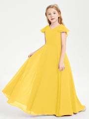Delicate Chiffon Junior Bridesmaid Gown Flutter Sleeves V-neck Marigold
