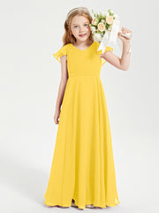 Delicate Chiffon Junior Bridesmaid Gown Flutter Sleeves V-neck Marigold