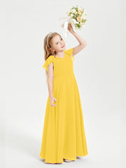 Delicate Chiffon Junior Bridesmaid Gown Flutter Sleeves V-neck Marigold