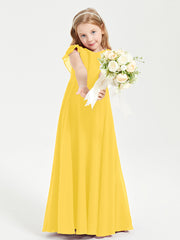 Delicate Chiffon Junior Bridesmaid Gown Flutter Sleeves V-neck Marigold