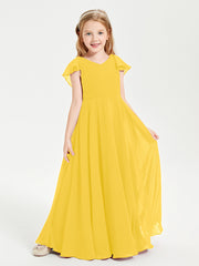 Delicate Chiffon Junior Bridesmaid Gown Flutter Sleeves V-neck Marigold