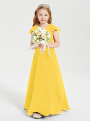 Delicate Chiffon Junior Bridesmaid Gown Flutter Sleeves V-neck Marigold
