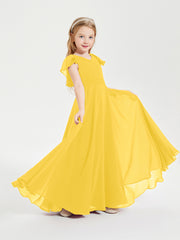 Delicate Chiffon Junior Bridesmaid Gown Flutter Sleeves V-neck Marigold