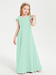 Delicate Chiffon Junior Bridesmaid Gown Flutter Sleeves V-neck Mint Green