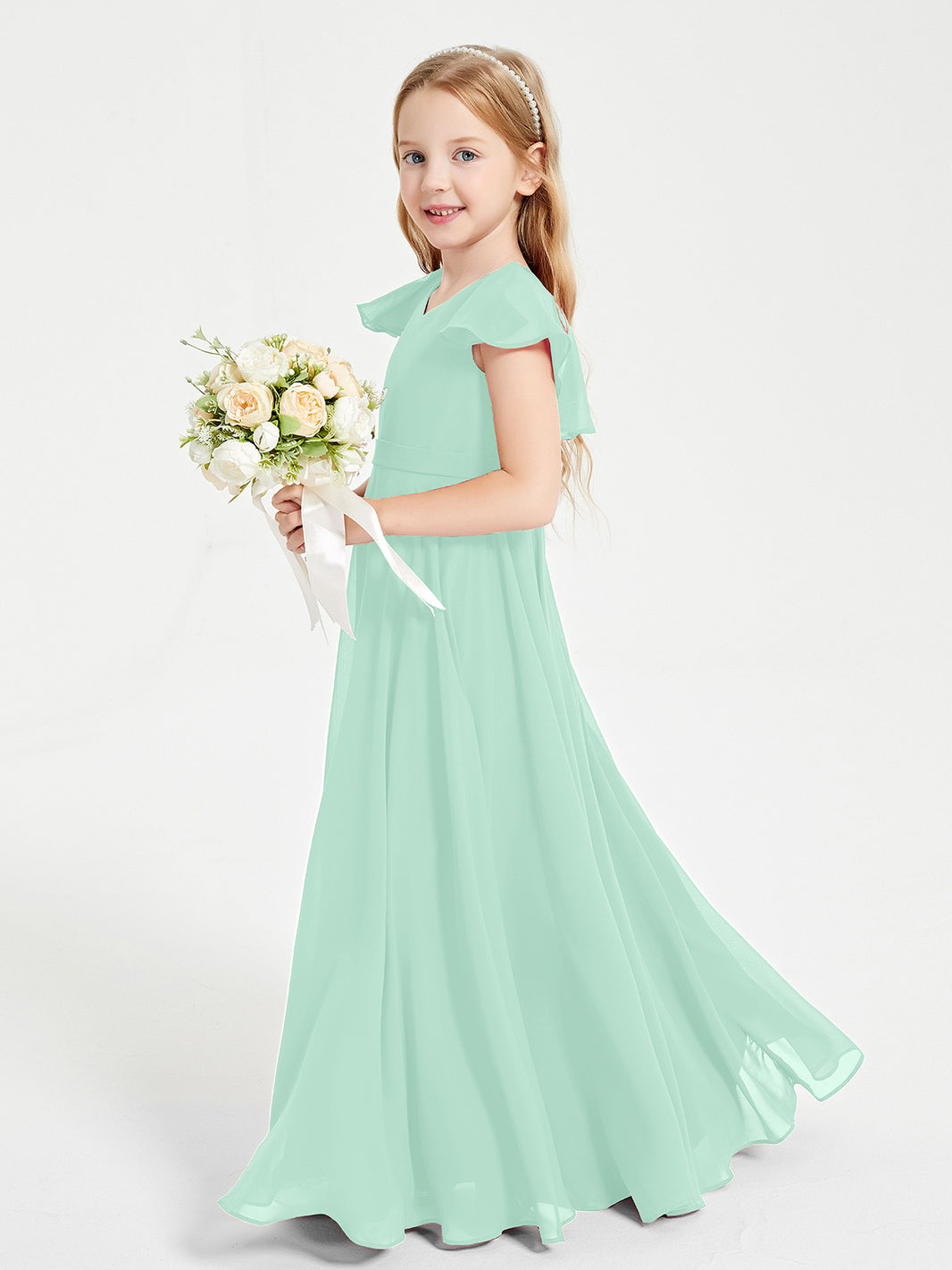 BABARONI Delicate Chiffon Junior Bridesmaid Gown Flutter Sleeves V-Neck Mint Green, Mint Green / J4