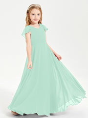 Delicate Chiffon Junior Bridesmaid Gown Flutter Sleeves V-neck Mint Green