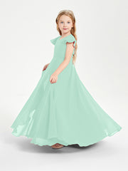 Delicate Chiffon Junior Bridesmaid Gown Flutter Sleeves V-neck Mint Green