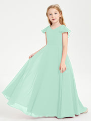Delicate Chiffon Junior Bridesmaid Gown Flutter Sleeves V-neck Mint Green