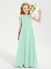 Delicate Chiffon Junior Bridesmaid Gown Flutter Sleeves V-neck Mint Green