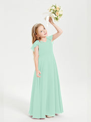 Delicate Chiffon Junior Bridesmaid Gown Flutter Sleeves V-neck Mint Green