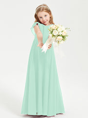 Delicate Chiffon Junior Bridesmaid Gown Flutter Sleeves V-neck Mint Green