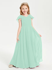 Delicate Chiffon Junior Bridesmaid Gown Flutter Sleeves V-neck Mint Green