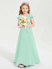 Delicate Chiffon Junior Bridesmaid Gown Flutter Sleeves V-neck Mint Green