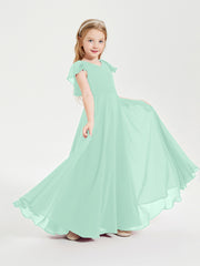 Delicate Chiffon Junior Bridesmaid Gown Flutter Sleeves V-neck Mint Green