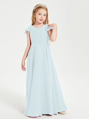 Delicate Chiffon Junior Bridesmaid Gown Flutter Sleeves V-neck Mist