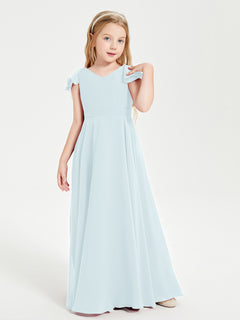 Delicate Chiffon Junior Bridesmaid Gown Flutter Sleeves V-neck Mist