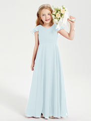 Delicate Chiffon Junior Bridesmaid Gown Flutter Sleeves V-neck Mist