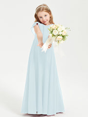 Delicate Chiffon Junior Bridesmaid Gown Flutter Sleeves V-neck Mist