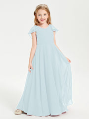 Delicate Chiffon Junior Bridesmaid Gown Flutter Sleeves V-neck Mist