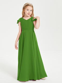 Delicate Chiffon Junior Bridesmaid Gown Flutter Sleeves V-neck Moss