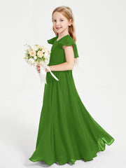 Delicate Chiffon Junior Bridesmaid Gown Flutter Sleeves V-neck Moss