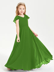Delicate Chiffon Junior Bridesmaid Gown Flutter Sleeves V-neck Moss